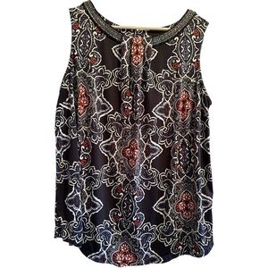 Magnolia Grace 1X Blue & Red Floral Summer Blouse, Beaded Silver Embellishment.